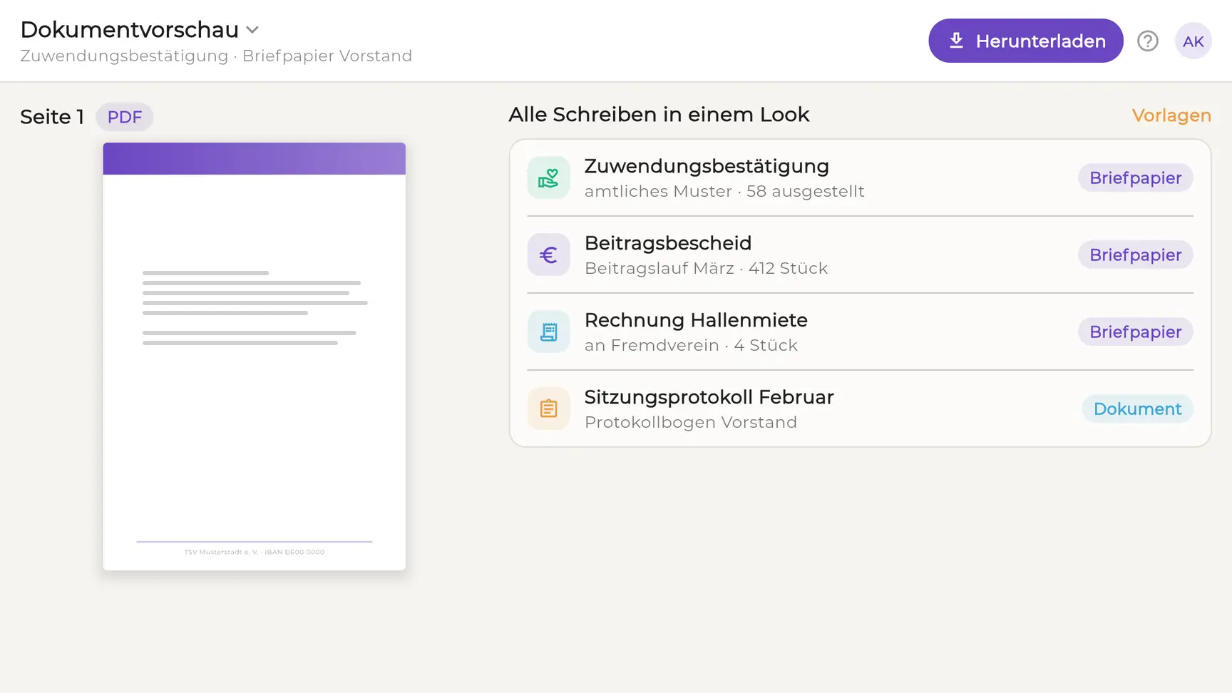 EhrenVision: Zuwendungsbestätigungen nach amtlichem Muster — im Vereins-Briefpapier