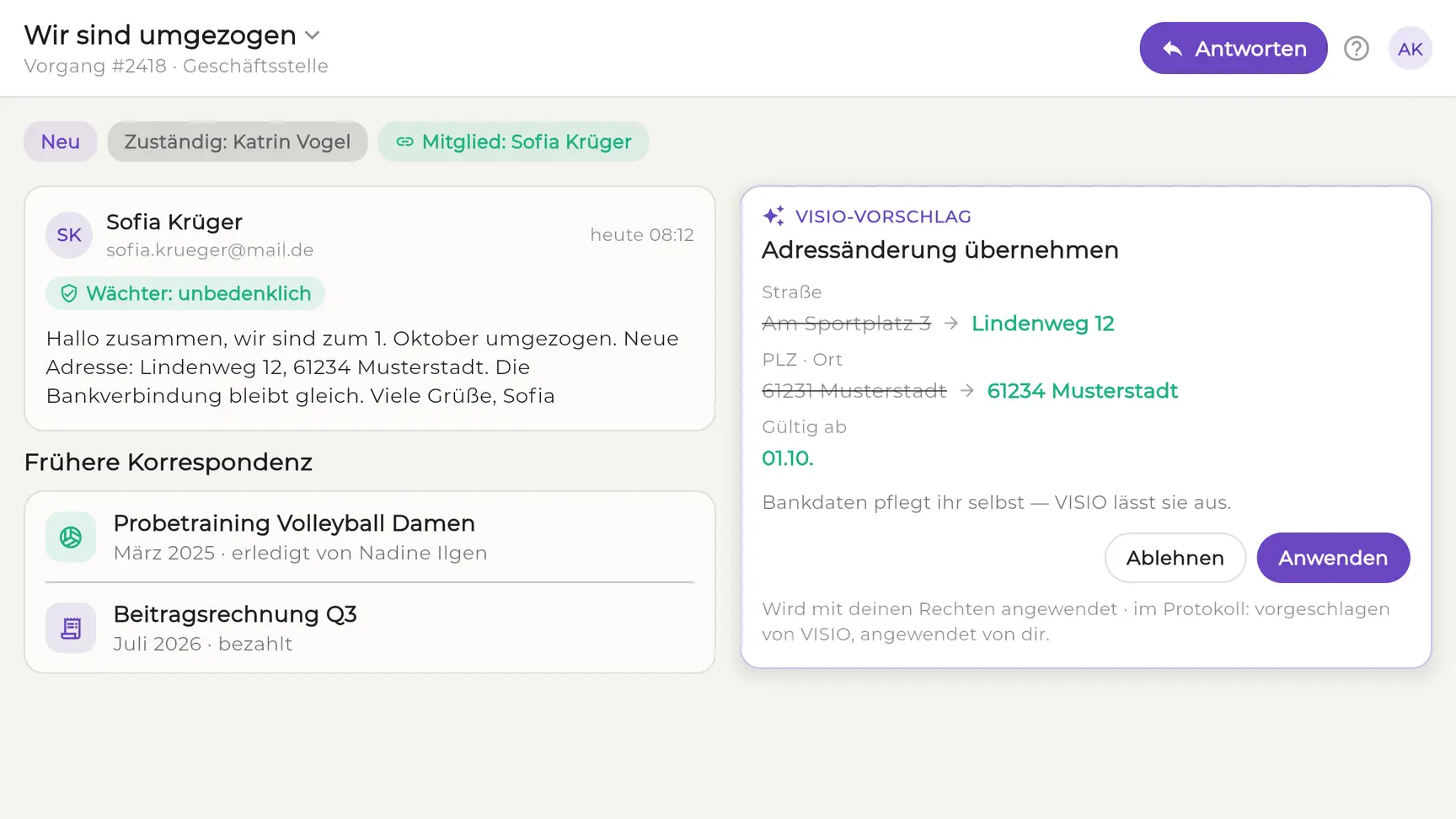 EhrenVision: VISIO schlägt eine Adressänderung vor